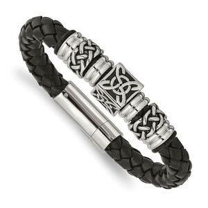 Stainless Steel & Black Leather 13mm Celtic Knot Bracelet, 8.5 Inch